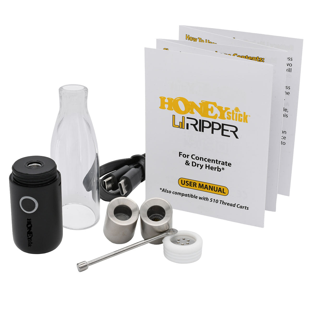 - Glass Mouthpiece / Bubbler
- 600mAh Dab Pen Battery (E-rig Base)
- 1 x Quartz Wax Atomizer (Coil-Less Design)
- 1 x Dry Herb Heating Chamber (Non-Contact Coil)
- 1 x USB-C Charging Cable
- 1 x Professional Packing Tool
- 1 x Atomizer Cover Cap