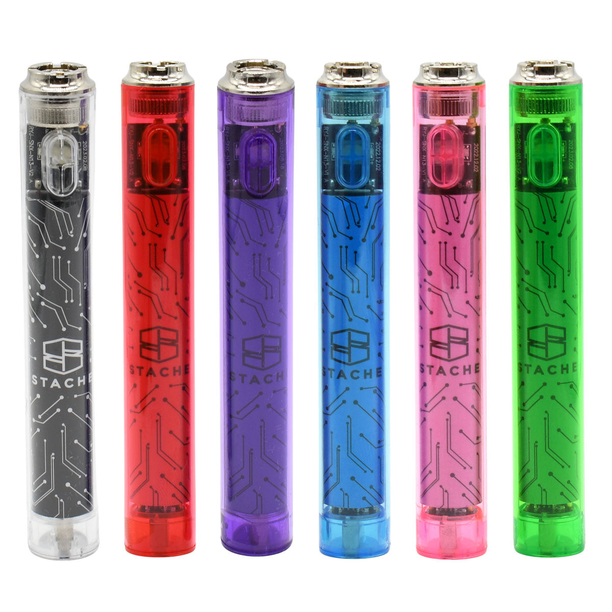 Transparent 510 Thread battery in 6 colors, showing Stache logo side