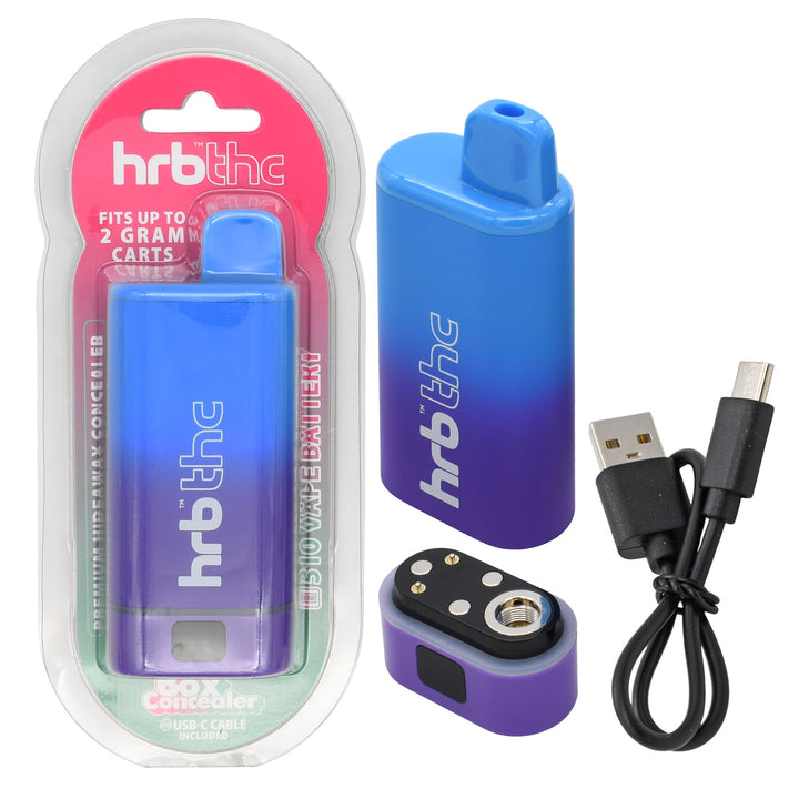 Blue and purple HRB THC Box battery with packaging, USB-C cable, and removable 510 cartridge base