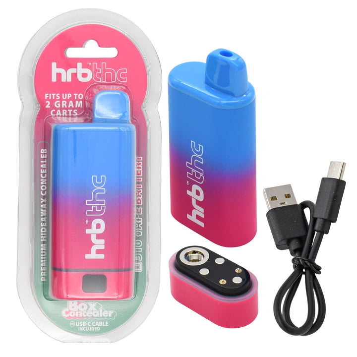 Blue and red gradient HRB THC Box concealed cartridge battery with removable base and USB-C charging cable