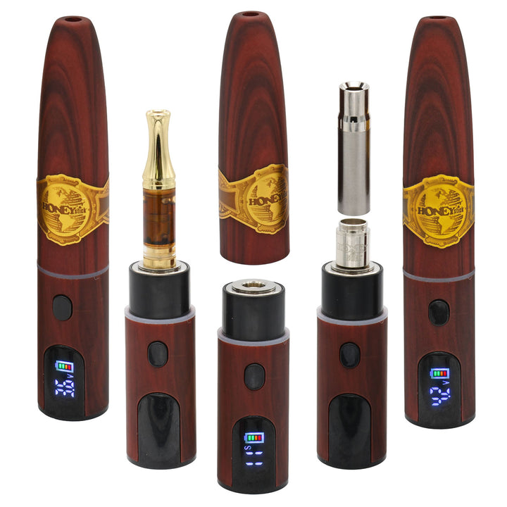 HoneyStick Cigar 510 concealed weed cart battery showing cigar body digital screen cartridge connection and magnetic cover