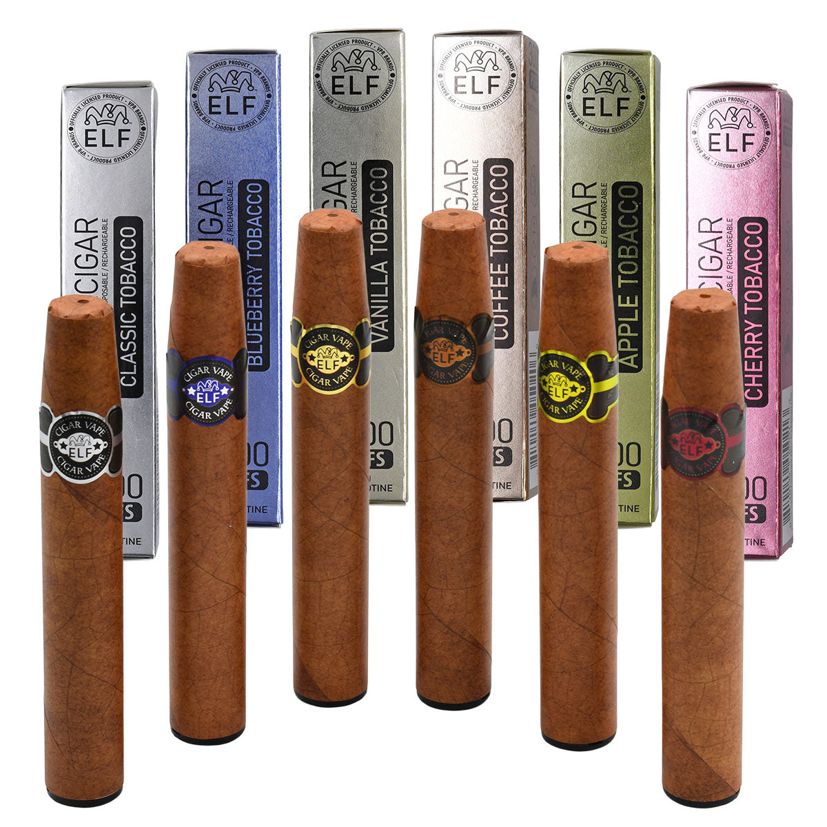 Elf Cigar Vape to buy in 6 flavors: Classic Tobacco, Blueberry, Vanilla, Coffee, Apple and Cherry Tobacco.