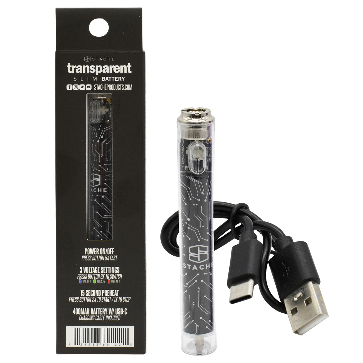 Stache transparent 510 vape battery - black option, with packaging and included USB-C charging cable.