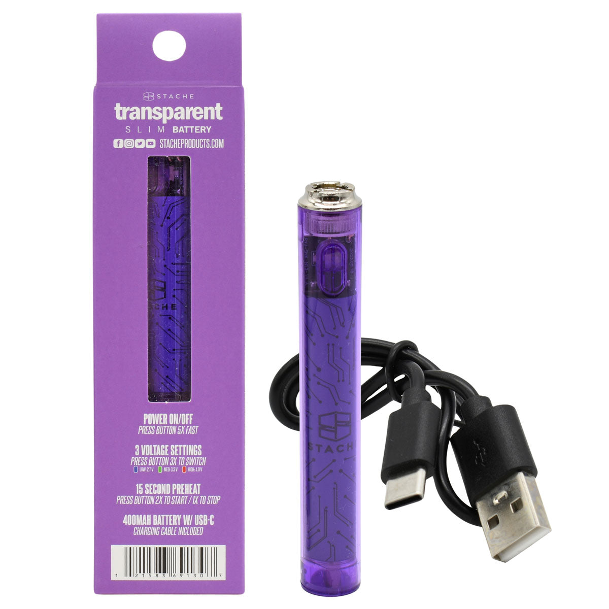 Stache transparent 510 vape battery - Purple option, with packaging and included USB-C charging cable.