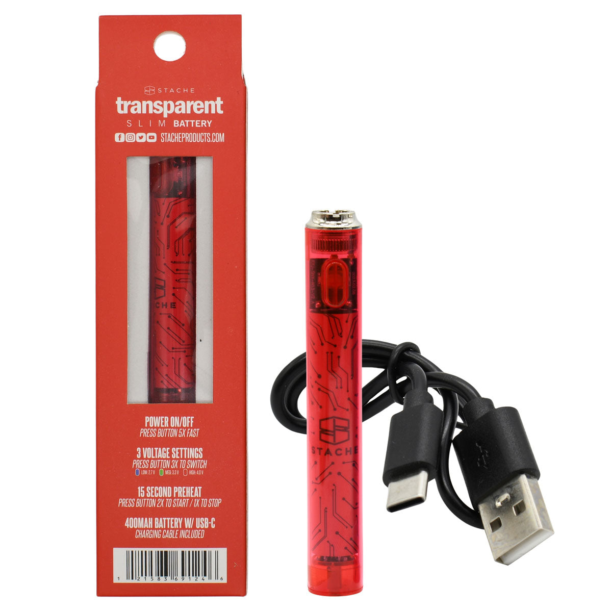 510 Thread Battery - Stache Transparent Slim Vape Batt