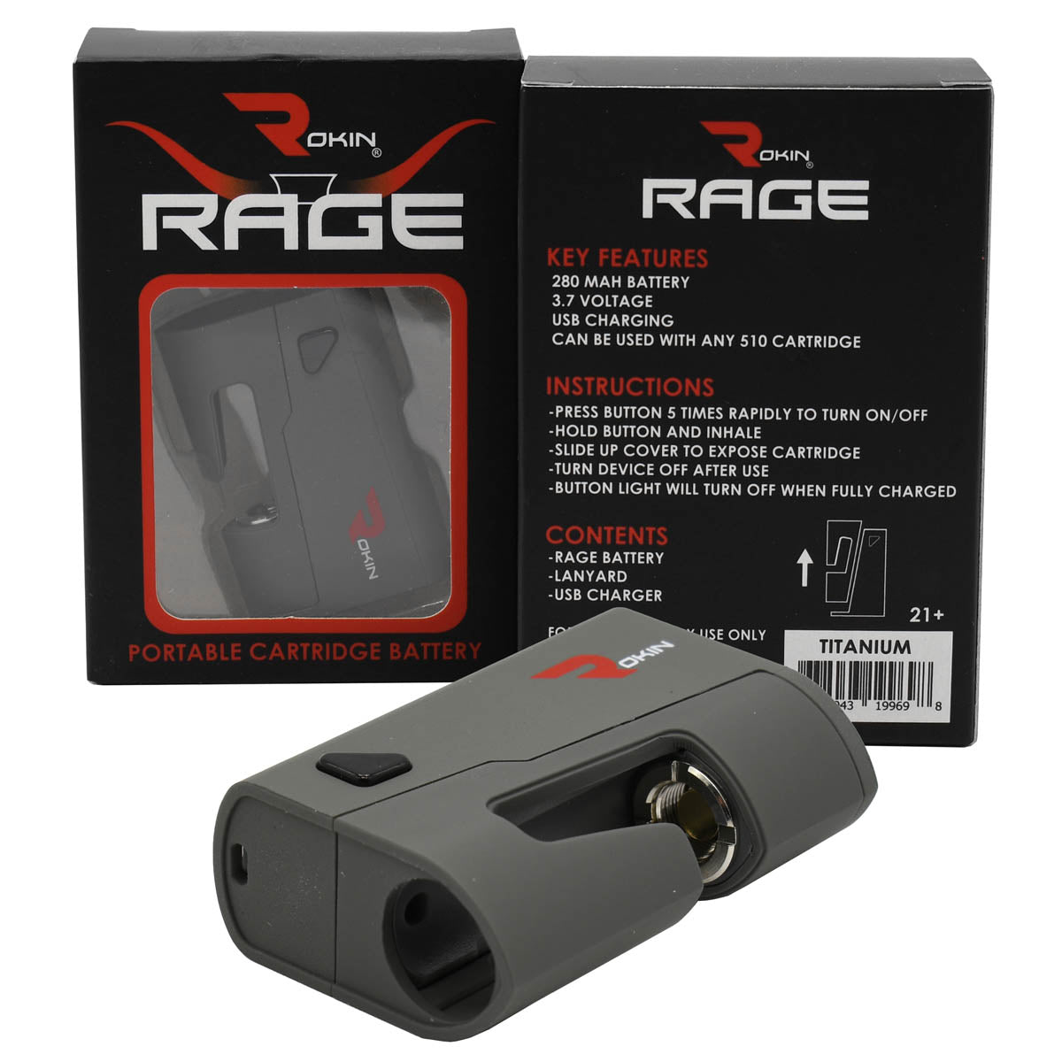 Rokin Rage portable vape battery in gray (Titanium) w/ box